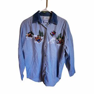 Vintage Womens Pin Stripe Button Down Winter Scene M
